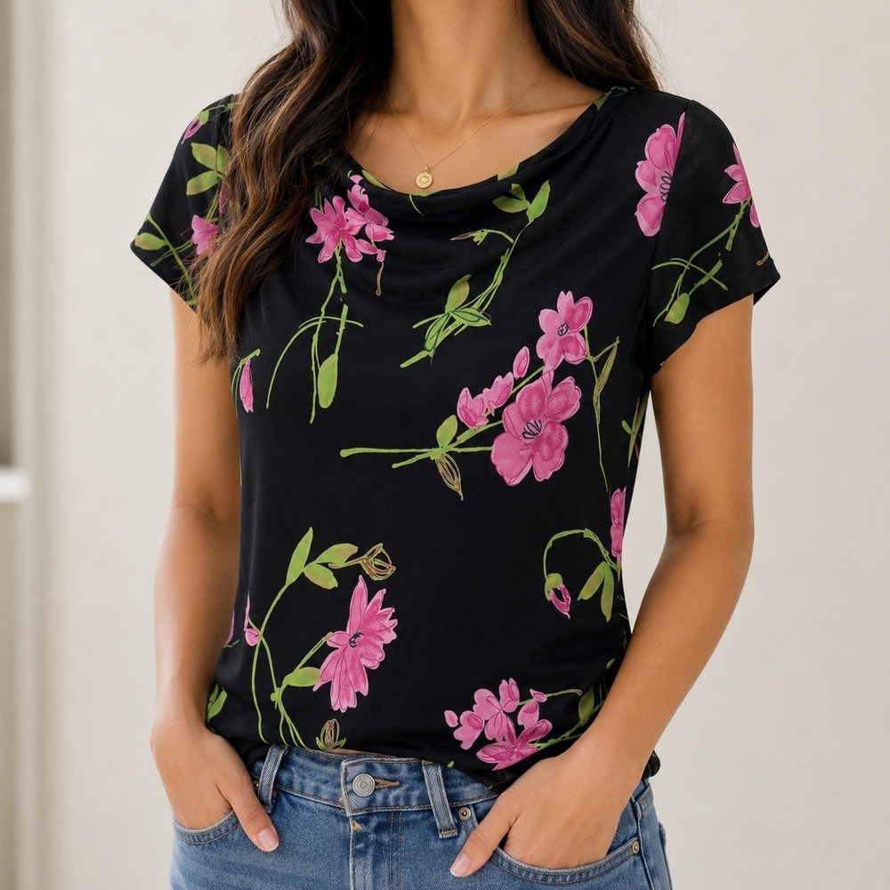 Vintage Talbots Petites Black Red Tulip Floral Cowl Neck Blouse Made in USA S